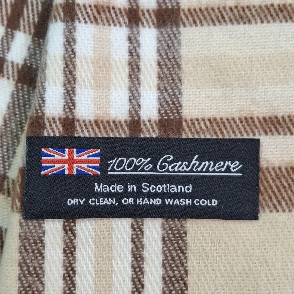 100% Cashmere Scarf Made in Scotland Tan Brown Plaid Check Fringe Winter Wrap